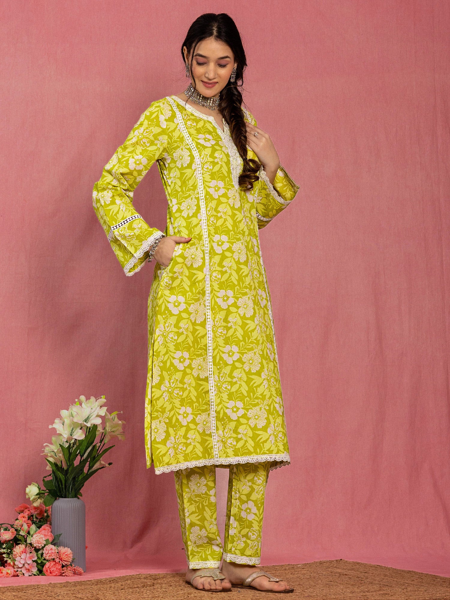 Green Cotton Relaxed Fit A-line Floral Printed Kurta Set